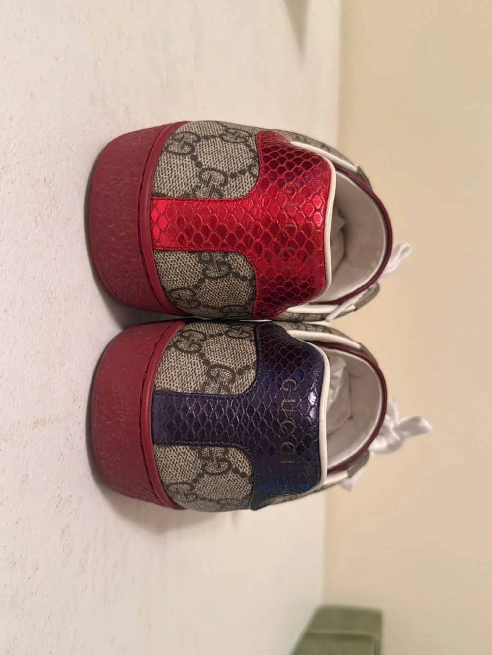 Gucci Beige GG Supreme Sneaker with Red Sole and Navy-Red Web